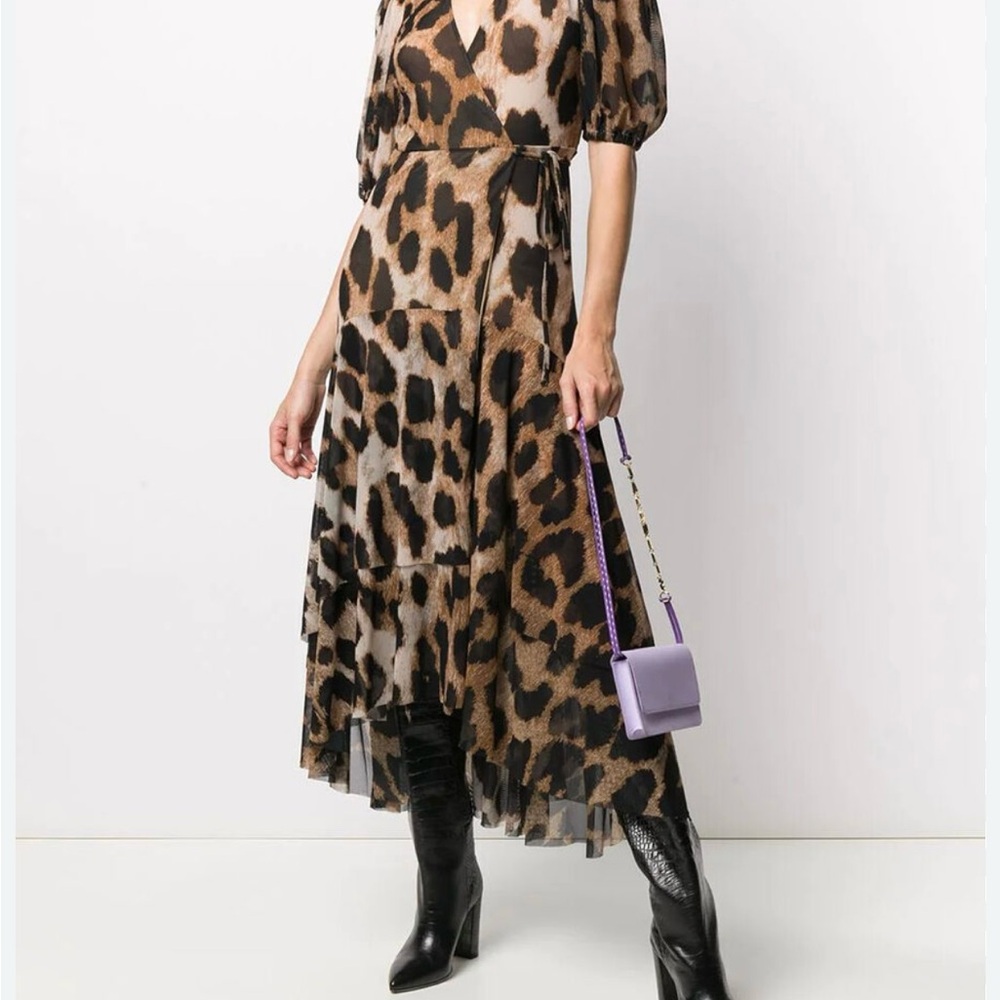 Ganni Leopard Maxi Dress, Mesh, Wrap. Size S